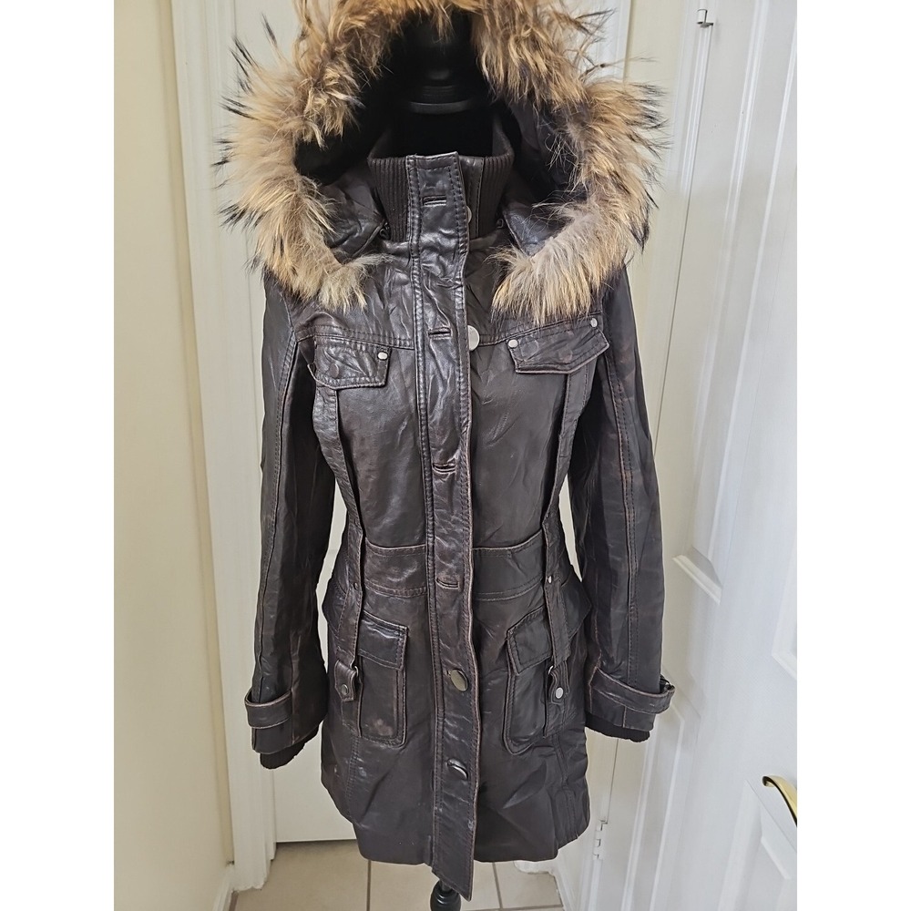 Knoles And Carter Coat Women's Italian Brown Leather Coat Thermal Fur Hood Sz M